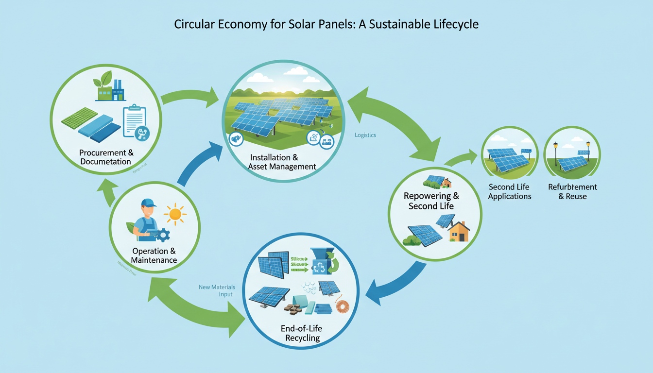 Circular economy for solar panels showing procurement documentation installation asset management operation maintenance repowering second life reuse and end-of-life recycling